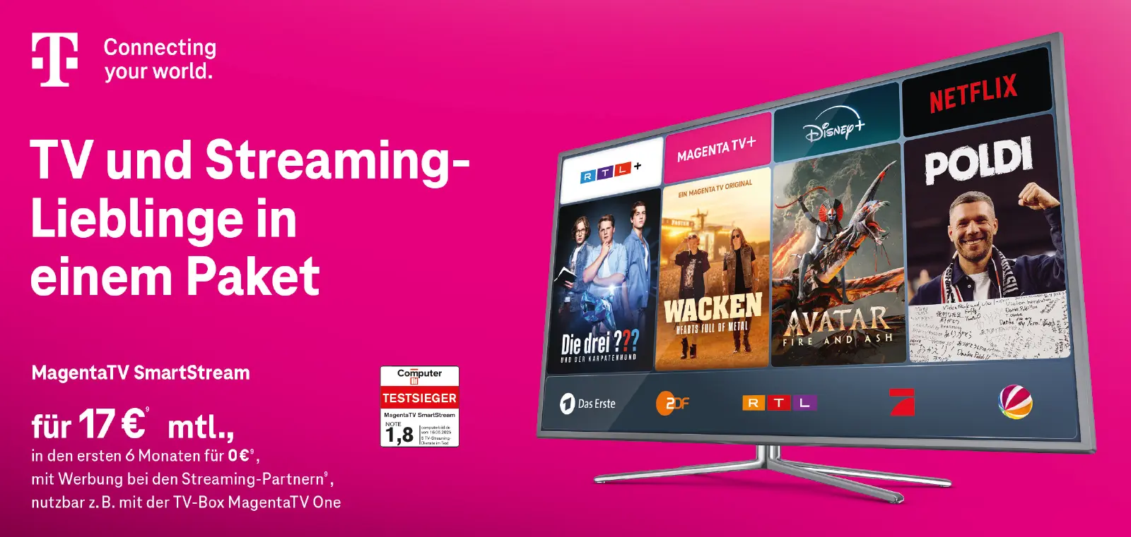 Telekom MagentaTV SmartStream Angebot: TV- und Streaming-Paket auf Fernseher.