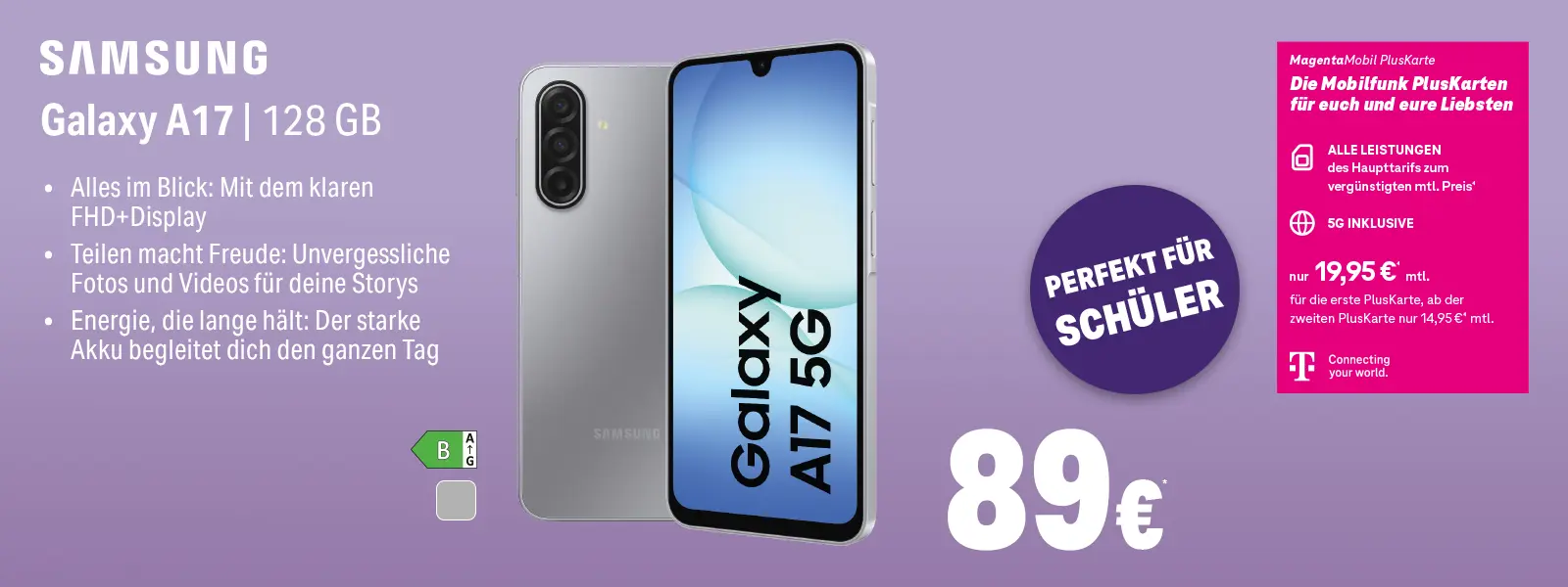 Werbeanzeige Samsung Galaxy A17 5G 128 GB, Smartphone-Angebot für Schüler mit 5G