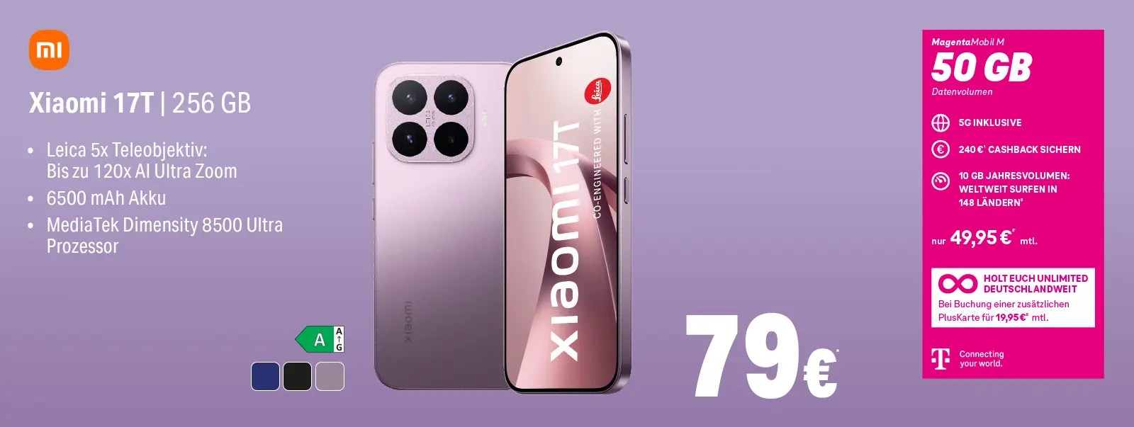 Werbegrafik: Xiaomi 17T 256 GB Smartphone mit Leica Zoom, 6500 mAh Akku, 5G-Tarif