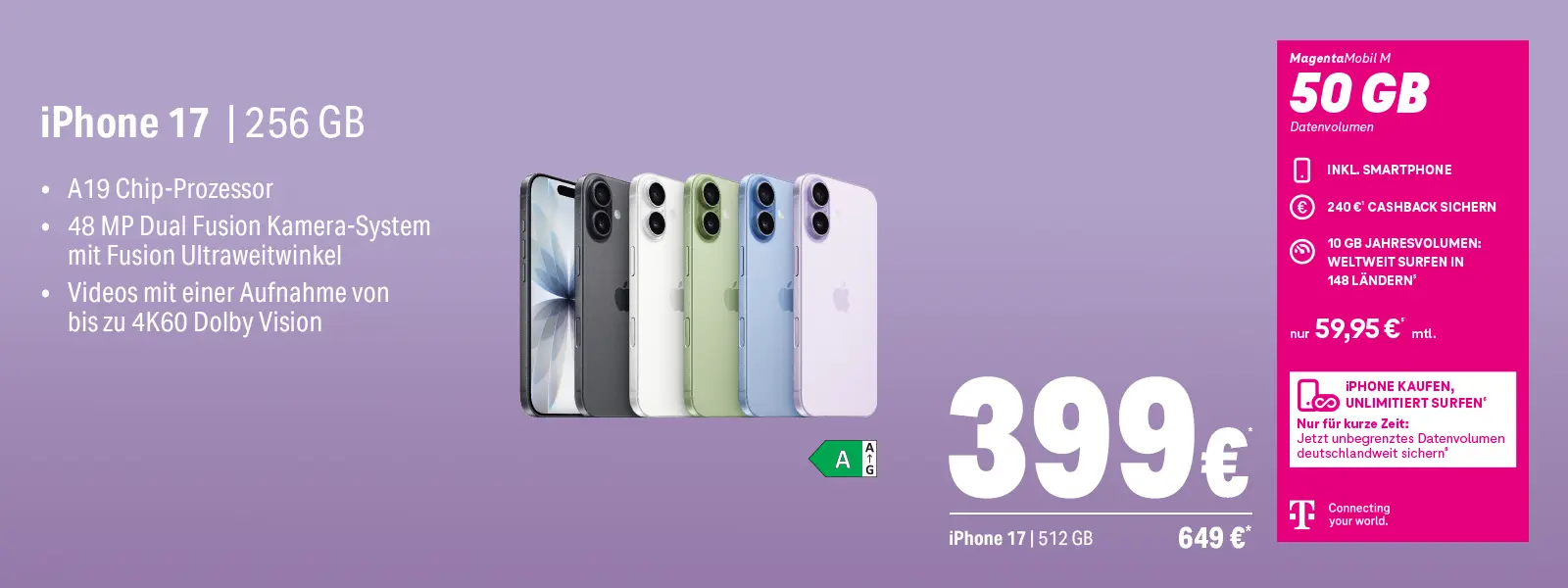 Telekom MagentaMobil M Angebot: iPhone 17 mit 50 GB Datenvolumen und Kamera.