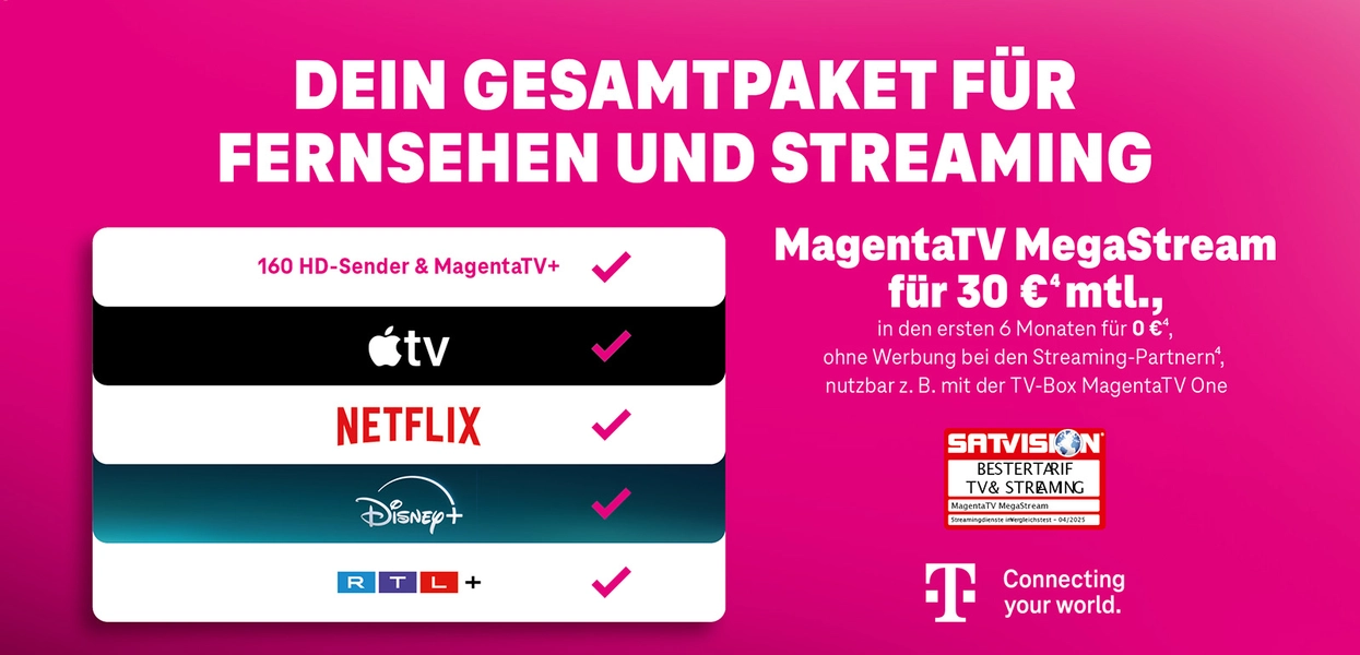 MagentaTV MegaStream Angebot mit Fernsehen, Streaming und Anbietern wie Netflix, Disney+ und RTL+.