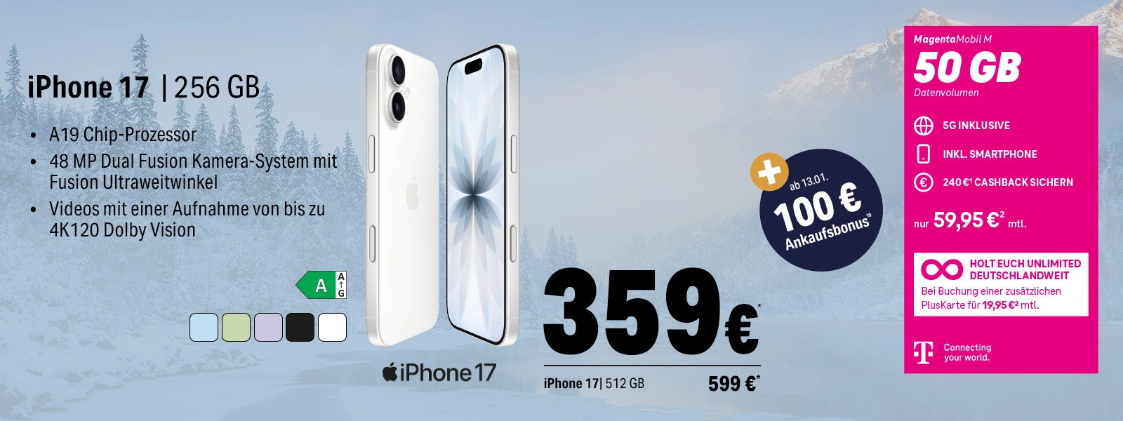 Werbung für das iPhone 17 mit 256 GB, 48 MP Kamera, 5G Tarif und 50 GB Datenvolumen.