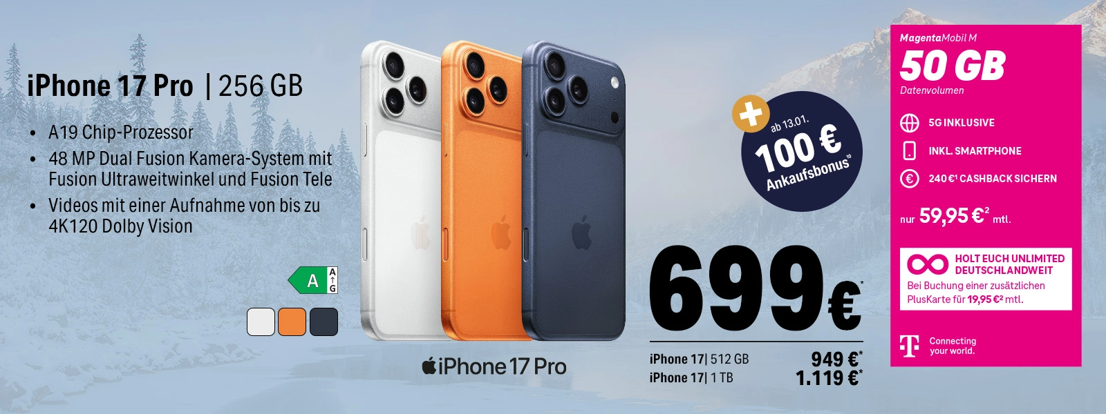 Angebot für iPhone 17 Pro mit 256 GB, 48 MP Kamera, 5G Tarif und 50 GB Datenvolumen.