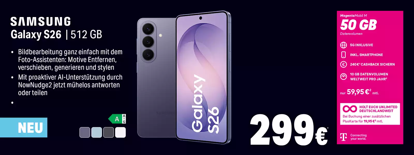 Samsung Galaxy S26 Smartphone mit 512 GB, Angebot mit 50 GB 5G Tarif
