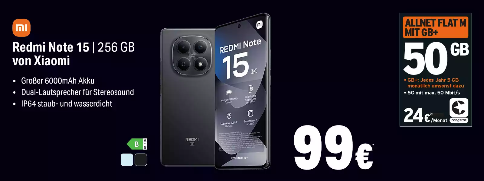 Werbebanner: Xiaomi Redmi Note 15 256 GB mit 50-GB-Allnet-Flat von congstar